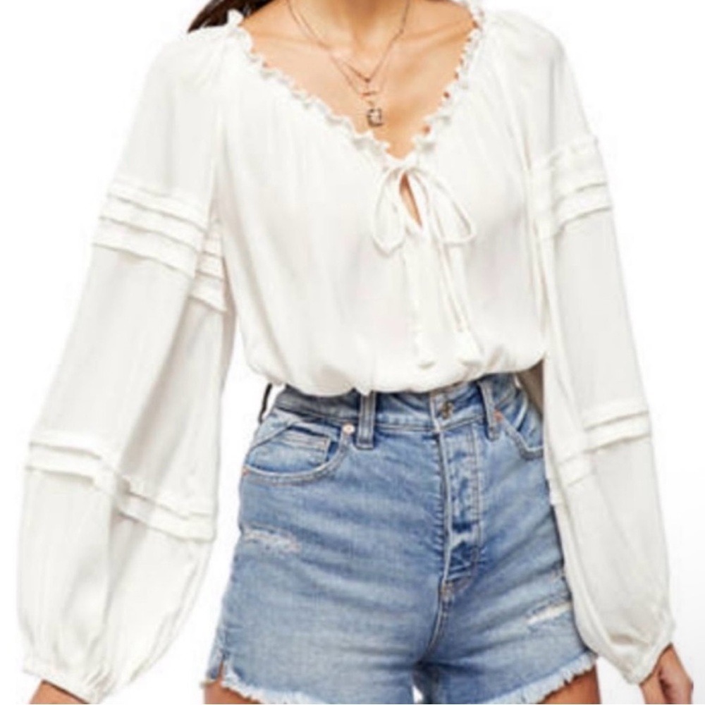 Free People Intimately All Tucks White Balloon Sleeve Boho Bodysuit Small